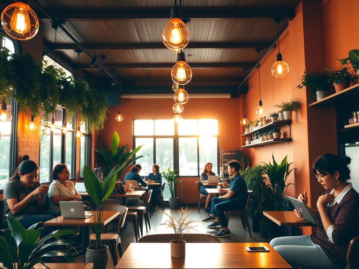 Interior outlet KOVI dengan kayu hangat dan tanaman